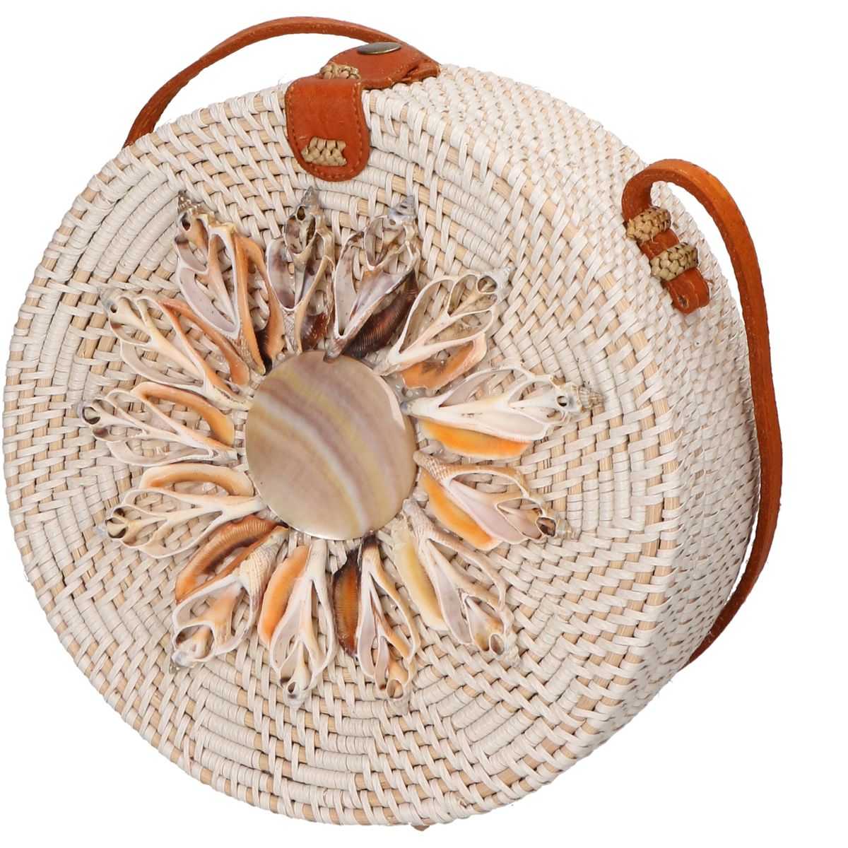 Handgeflochtene Rattan-Umhängetasche mit Muscheln