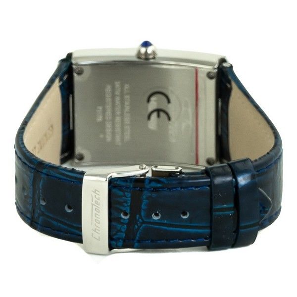 Rechteckige Uhr mit blauem Lederarmband