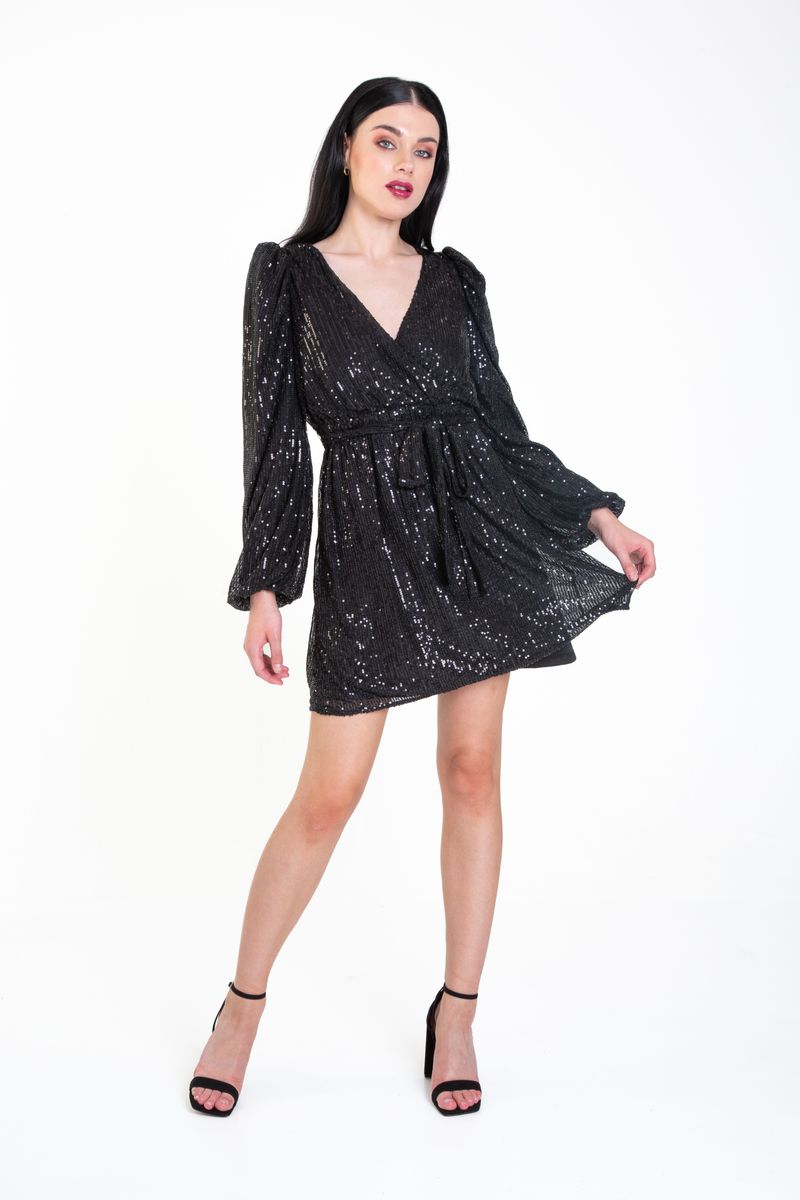 Pailletten-Minikleid mit V-Ausschnitt und Gürtel