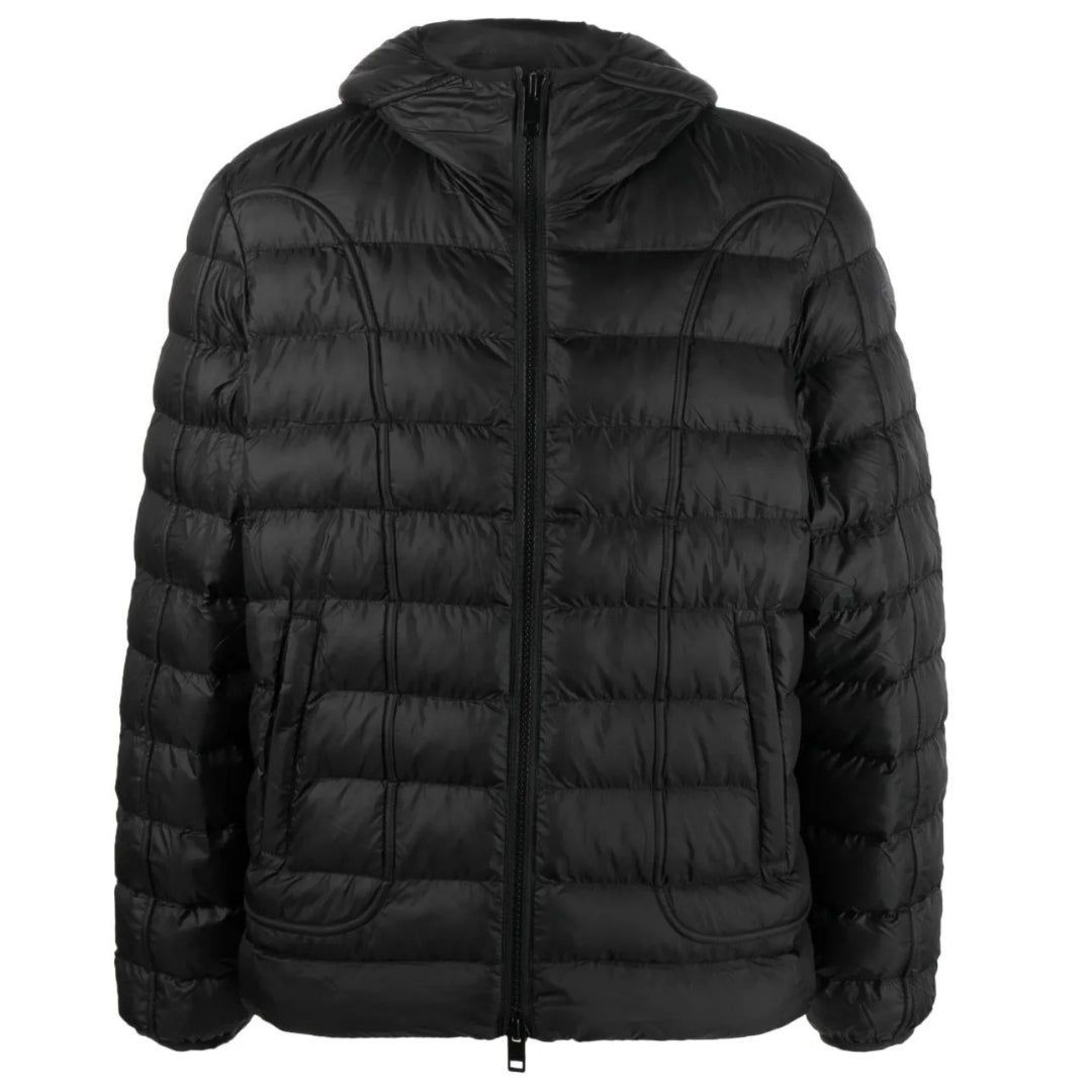 Schwarze gesteppte Kapuzenjacke