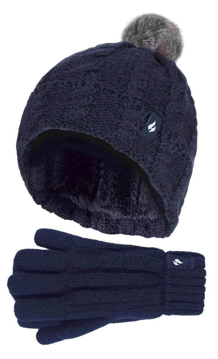 Wärmehalter - Girls Bobble Pom Pom Hat and Gloves Set | Turn Over Cuff Hat & Cable Knit Gloves Style - Navy