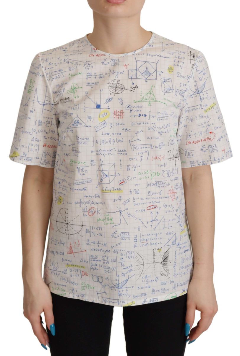Dolce & Gabbana Weißes Baumwoll-T-Shirt mit Algebra-Print für Damen mit kurzen Ärmeln
