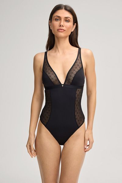 JOOP! Schwarzer Spitzenbody mit verstellbaren Trägern und Logodetail