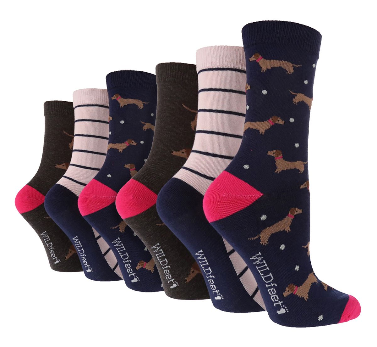 6 Pack Damen Fun Design Socken | Wildfeet | Niedliche Neuheit Tiermuster Socken - Dashchund