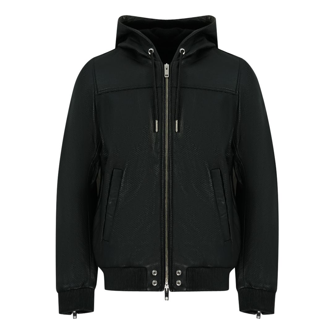Schwarze Lederjacke mit Kapuze
