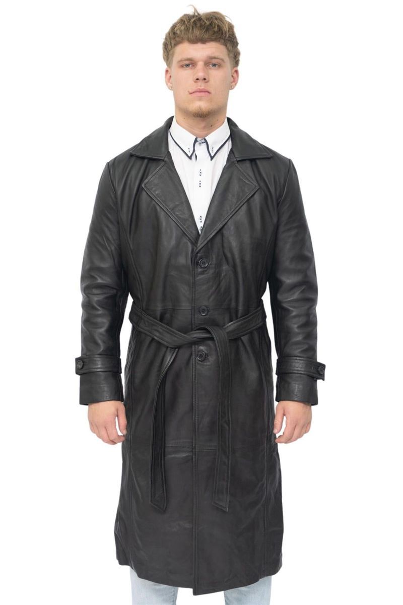 Eleganter, langer Ledermantel Trenchcoat