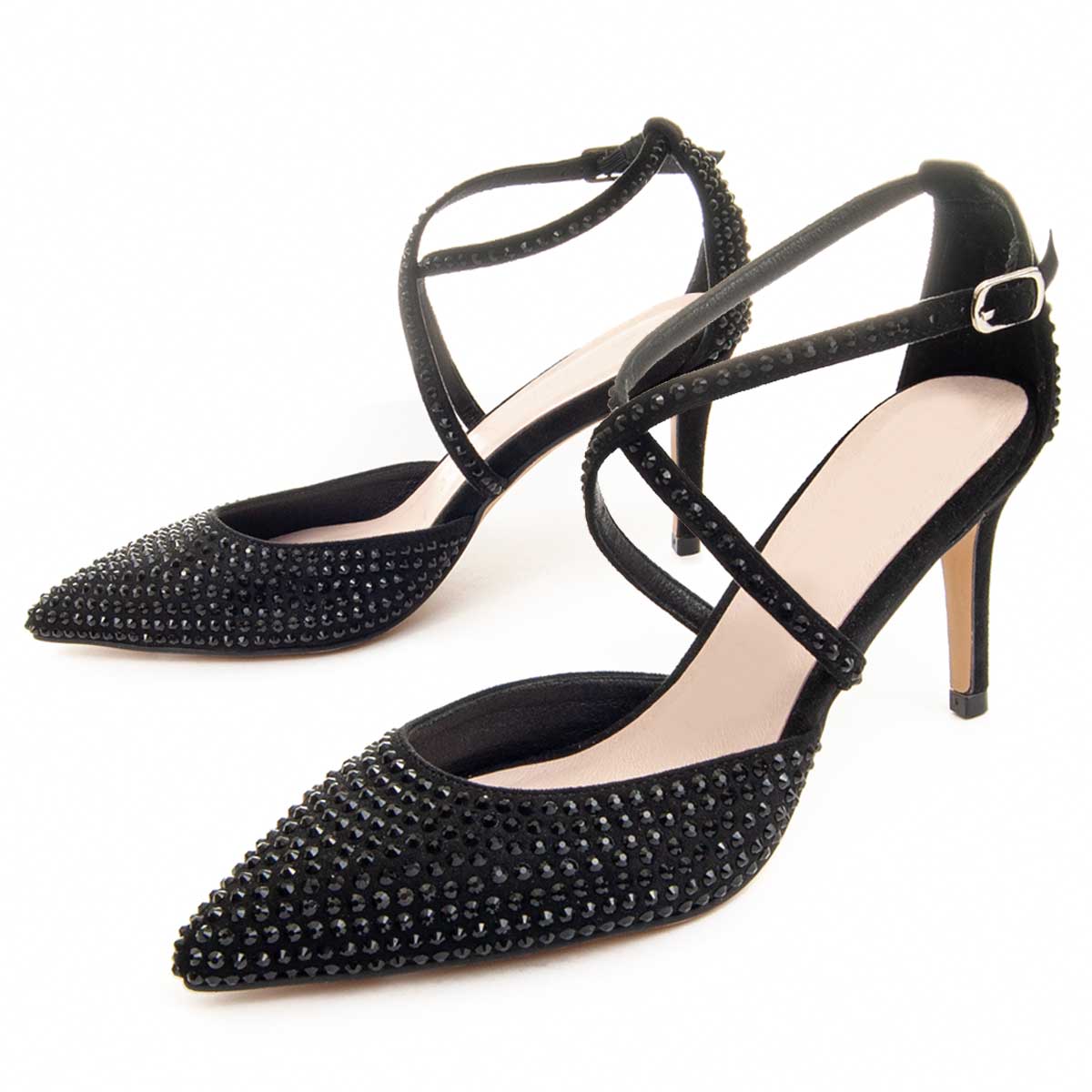 Schwarze Strass-Pumps mit Knöchelriemen
