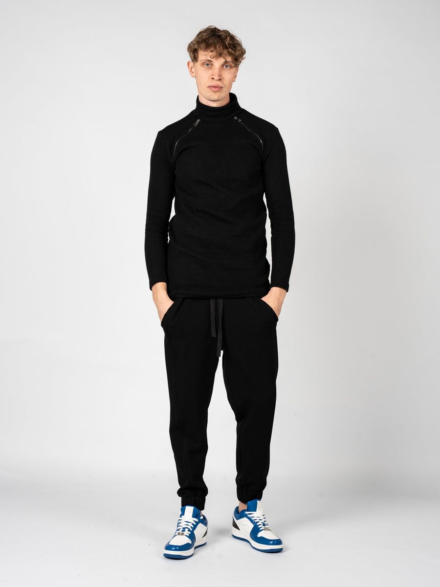 Herren Schwarzer Rollkragenpullover mit Reißverschlüssen