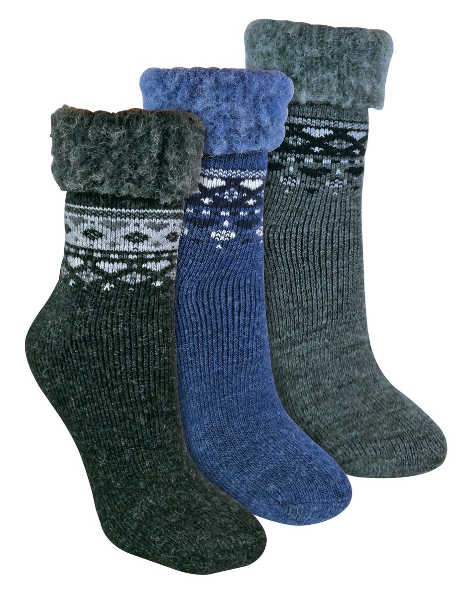 3er-Pack Bettsocken aus Wolle im nordischen Design - Schwarz/Charcoal/Denim