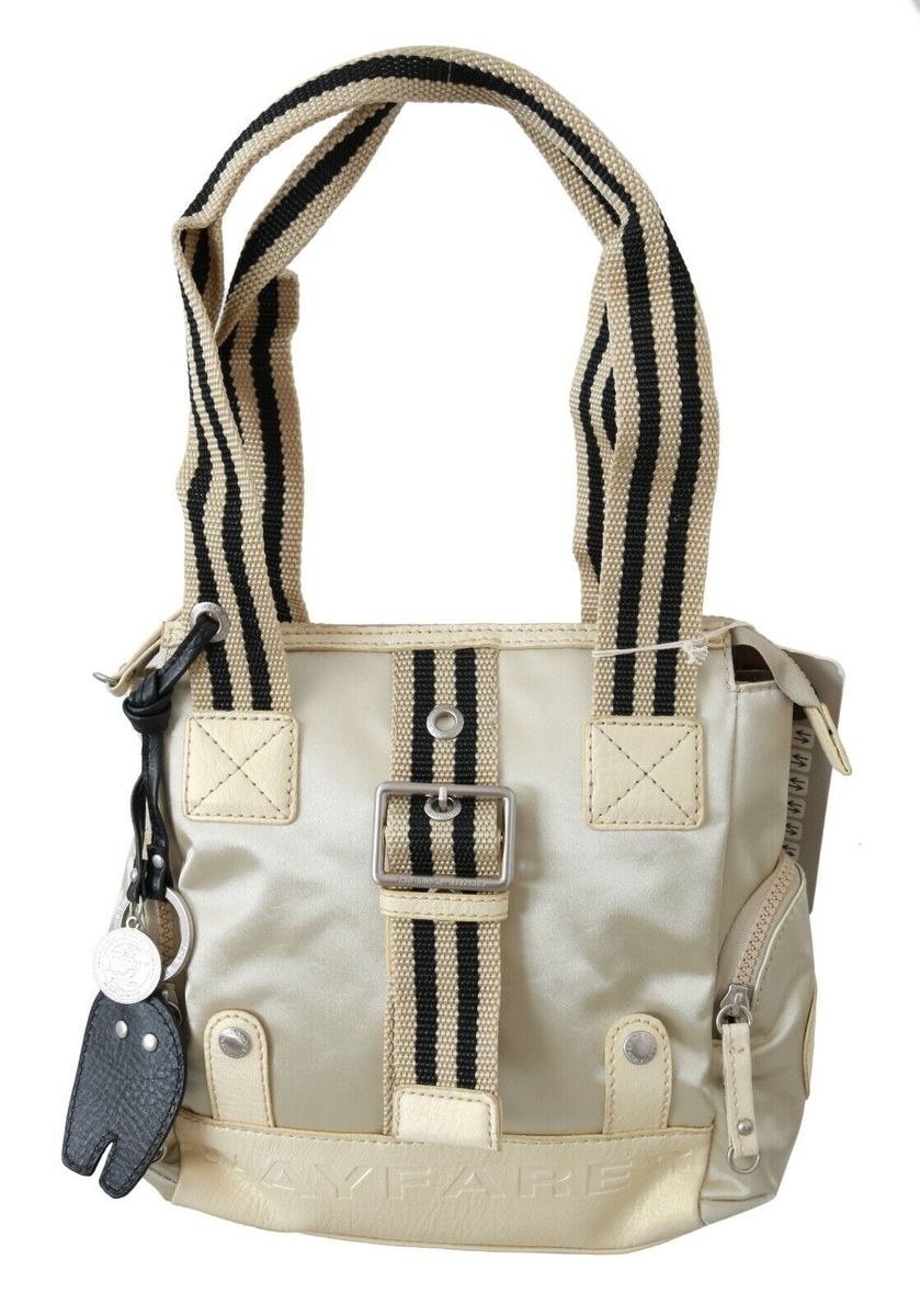 Beige Stoff-Tote Bag mit Streifen