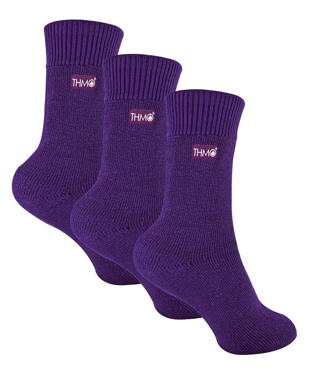 3 Paar Multipack Kinder Thermosocken | THMO | Gerippte weiche Oberseite Fleece Flauschige Innenseite Warme Socken für Jungen & Mädchen - Lila