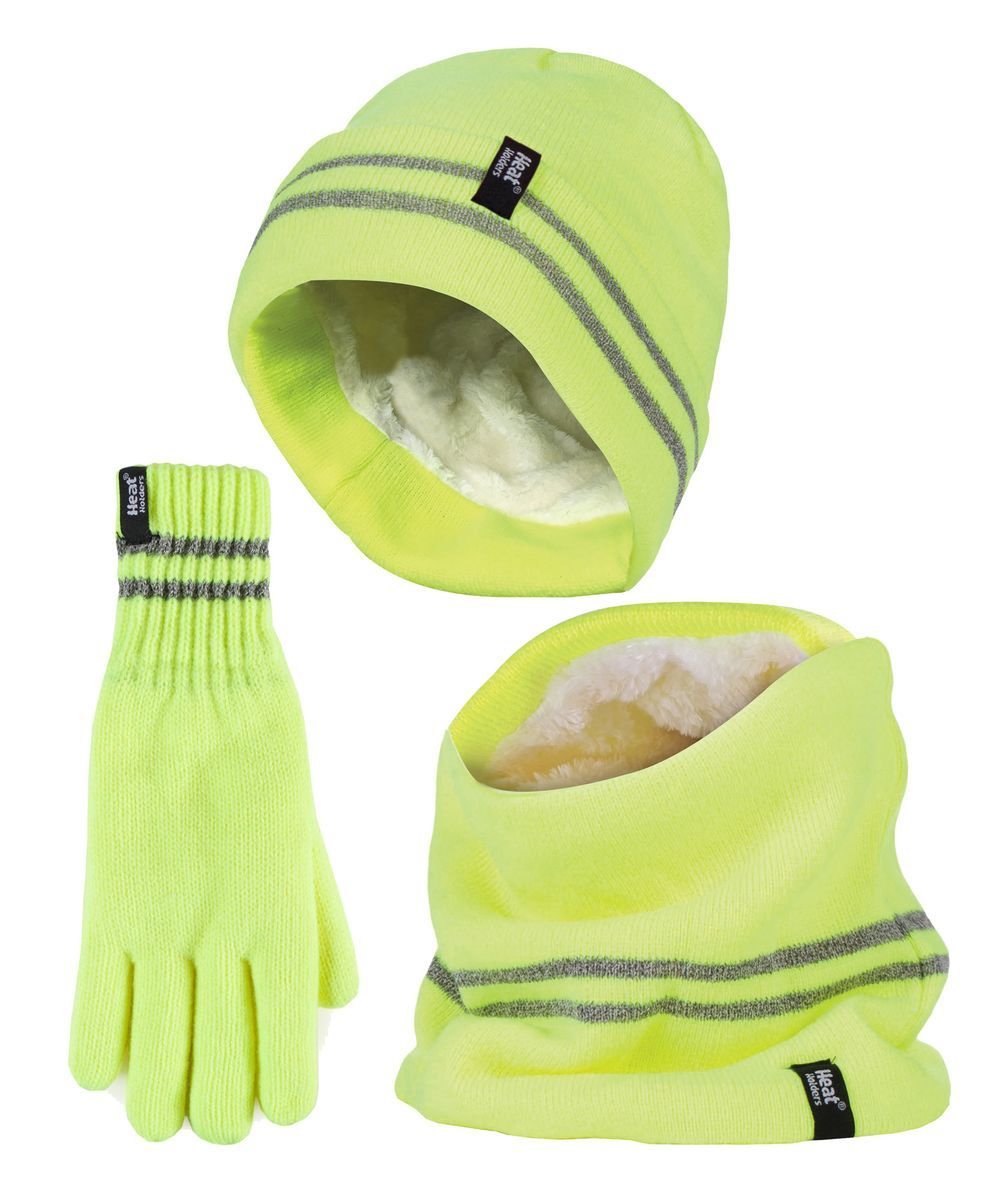 Hi Vis Mütze, Halswärmer & Handschuhe Set | Wärmehalter | Reflektierende Arbeitskleidung Set für extrem kaltes Wetter - Gelb