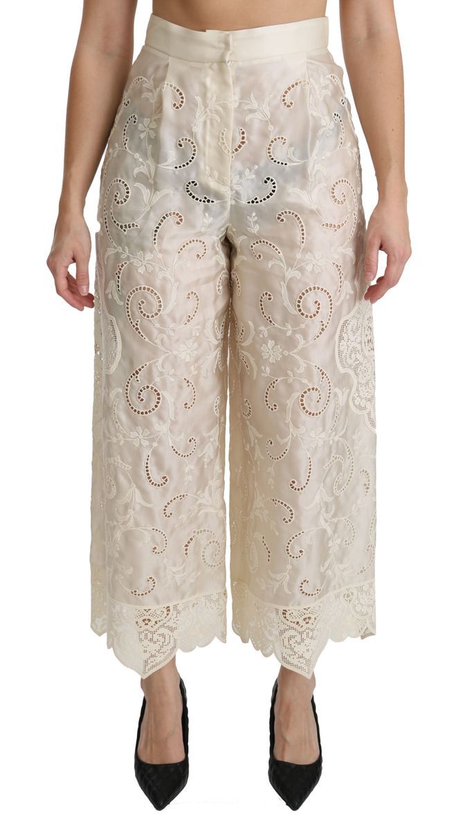 Dolce & Gabbana - Palazzo kurze Hose mit hoher Taille aus cremefarbener Spitze für Frauen