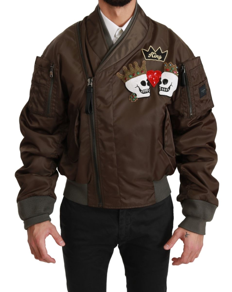 Dolce & Gabbana Braun Perlen Krone Schädel Applique Logo Jacke