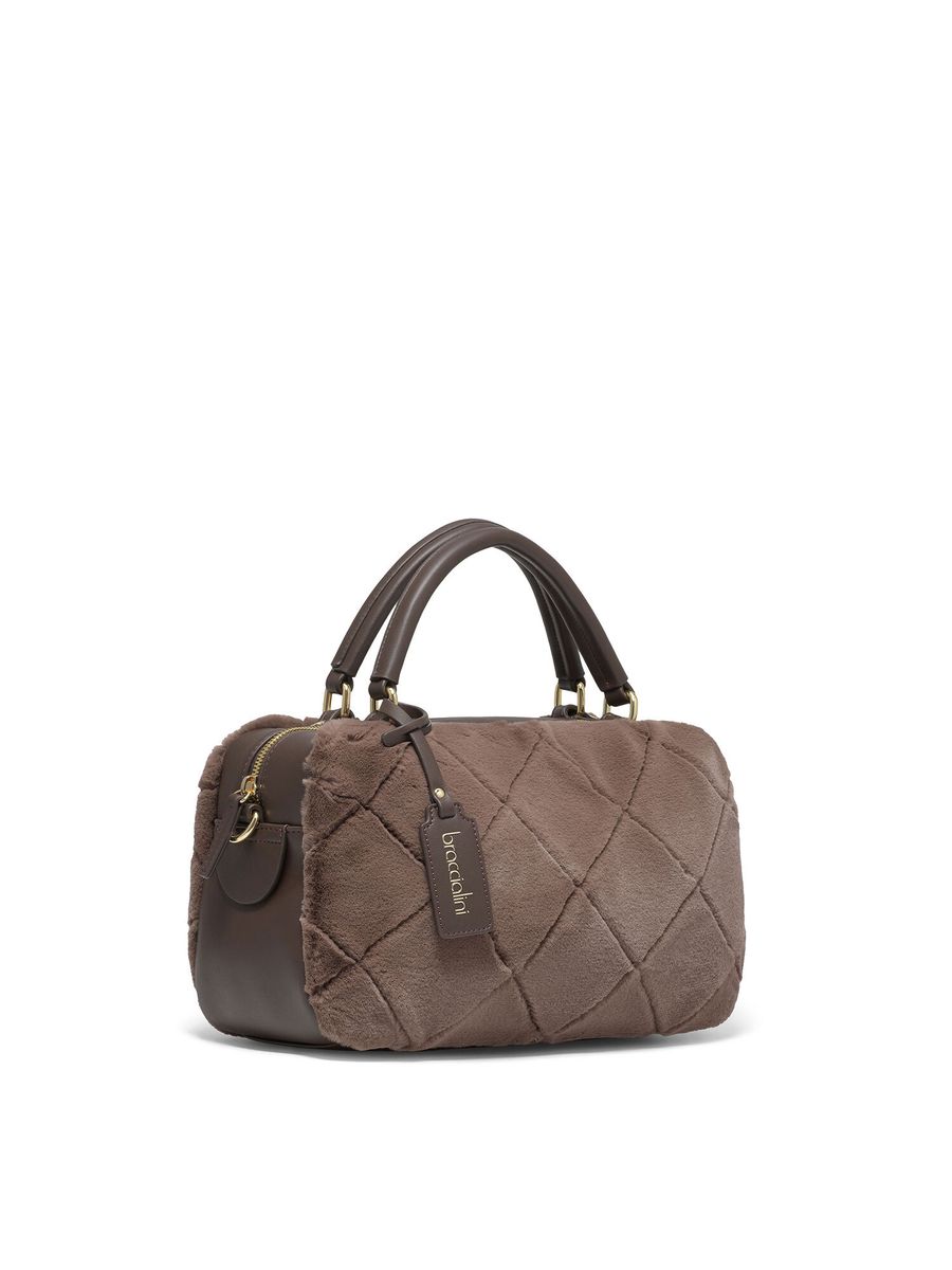 Gesteppte Kunstfell-Handtasche mit Henkel