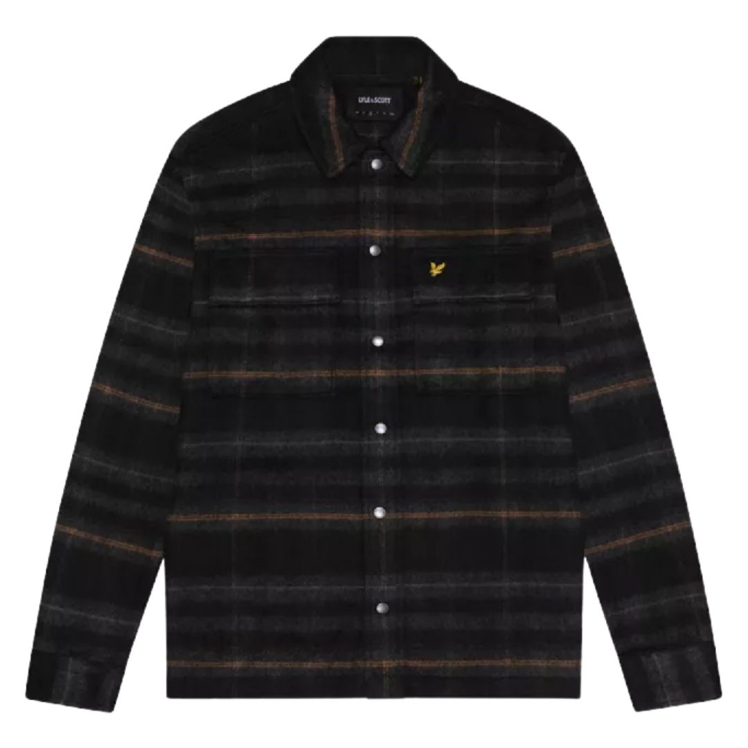 Schwarzes, gebürstetes Tartan-Übershirt mit Knöpfen