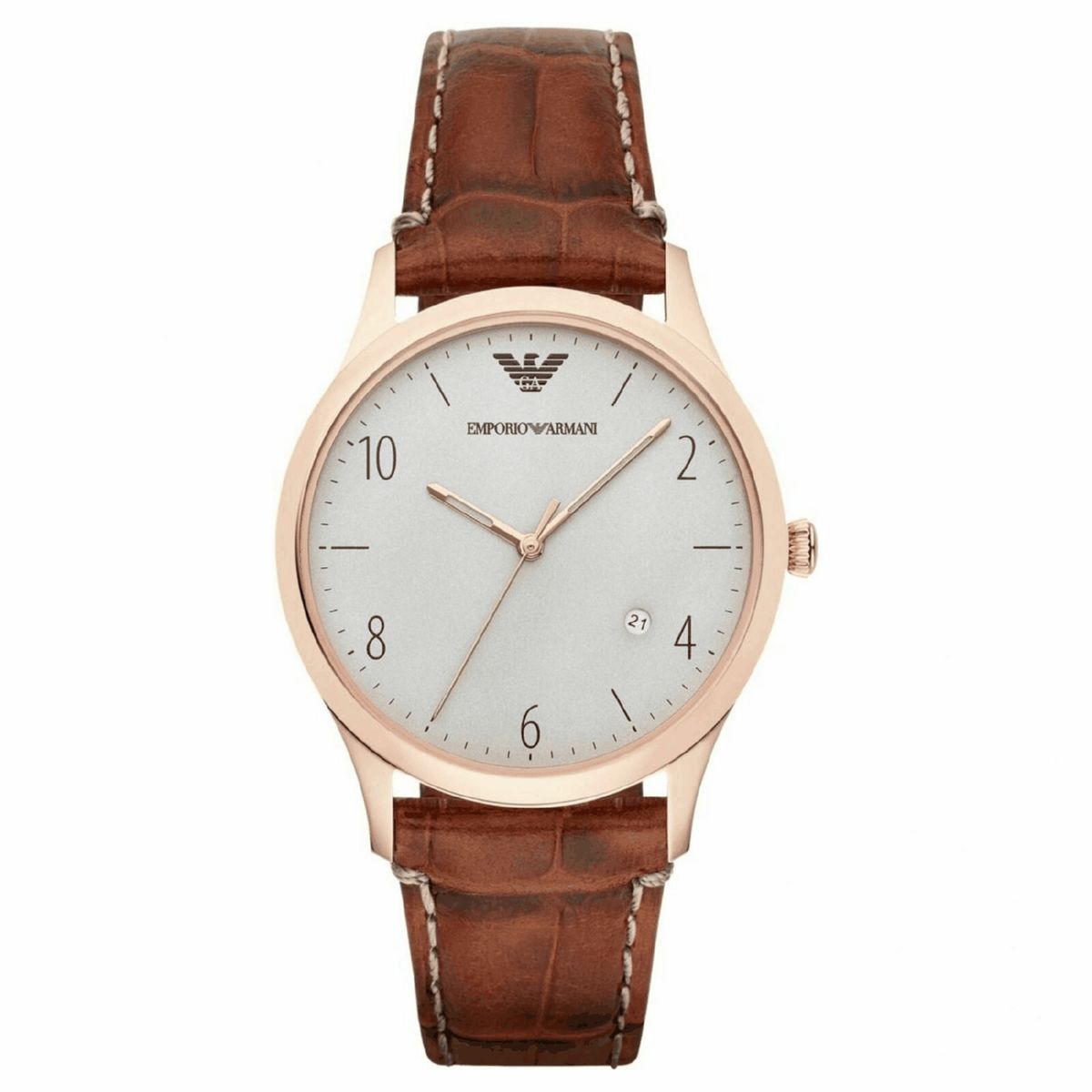Goldfarbene Uhr mit braunem Lederarmband