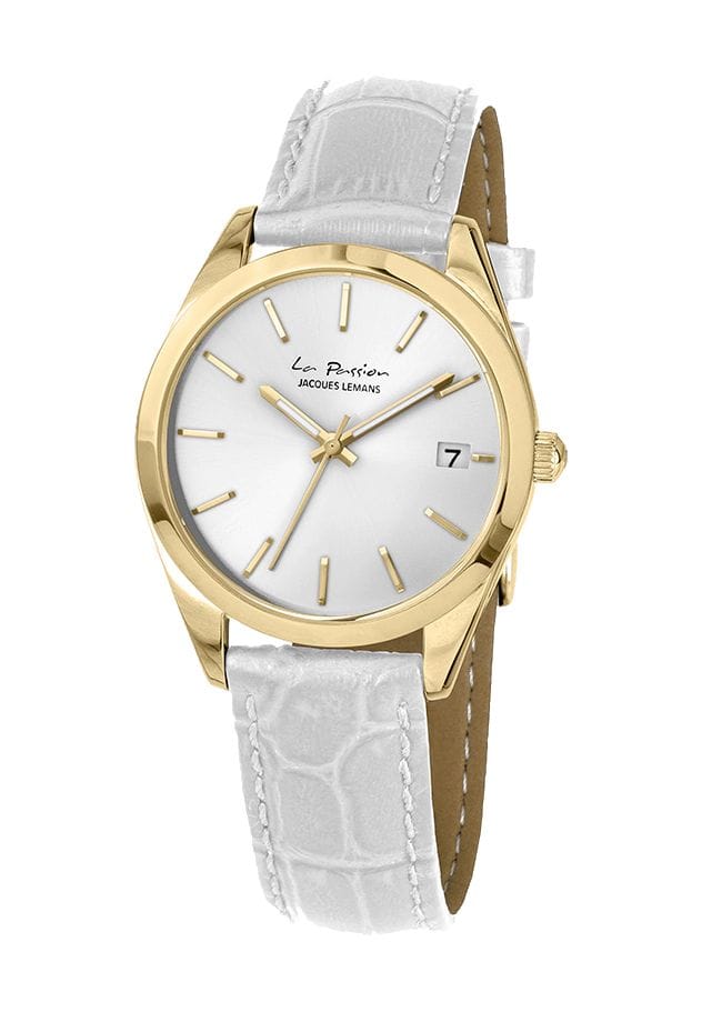 Klassische Goldfarbene Uhr Weißes Lederarmband