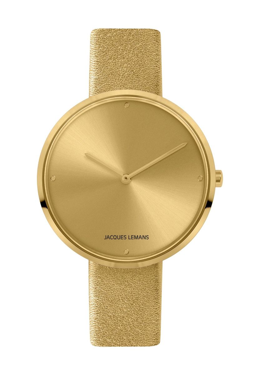 Goldene, minimalistische Uhr mit Lederarmband