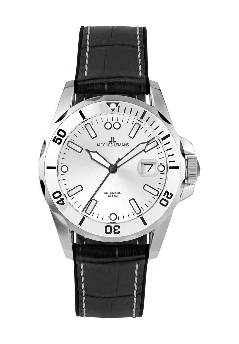 Silberne Automatikuhr mit Lederarmband