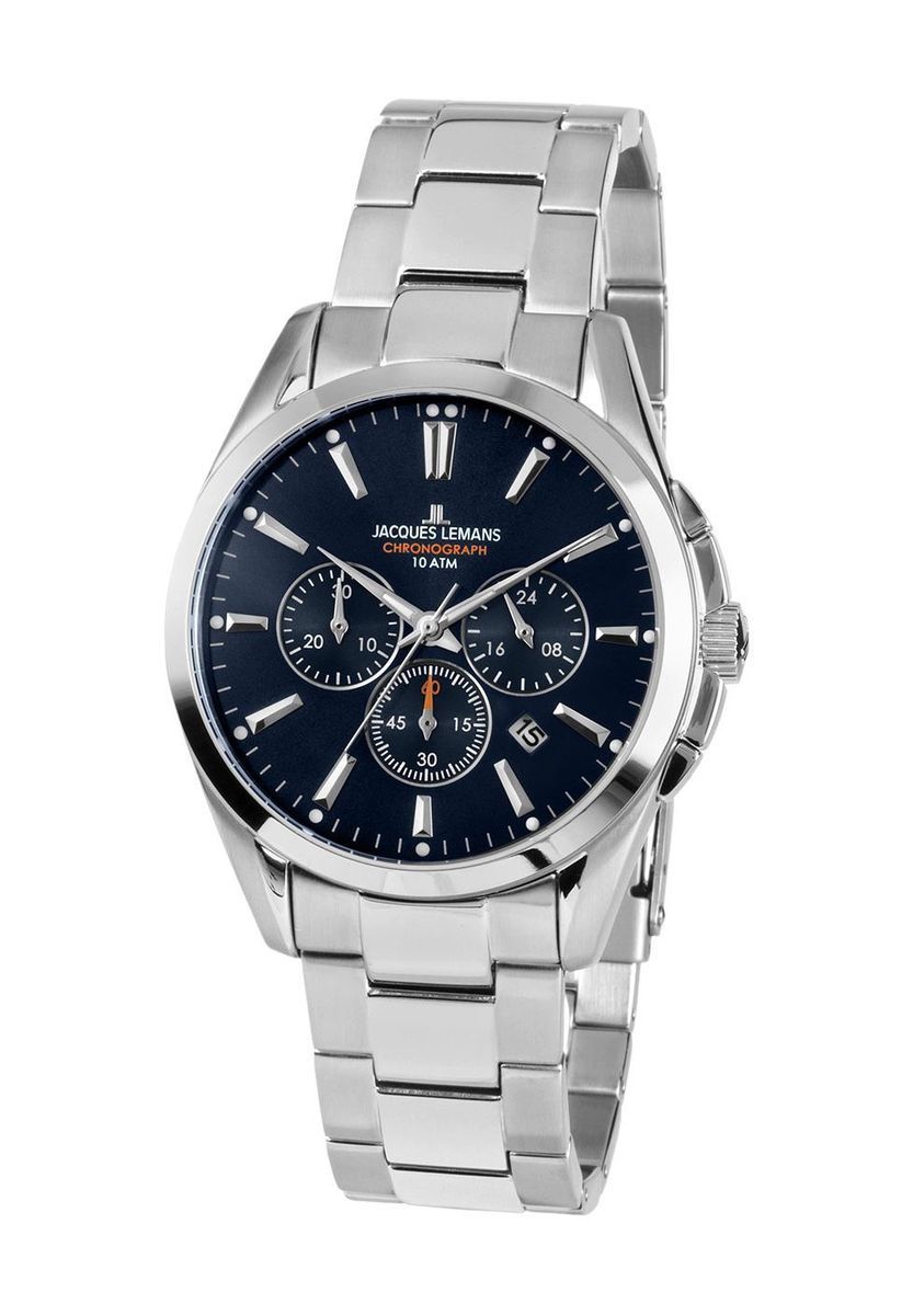 Klassische silberne Chronographenuhr blaues Zifferblatt