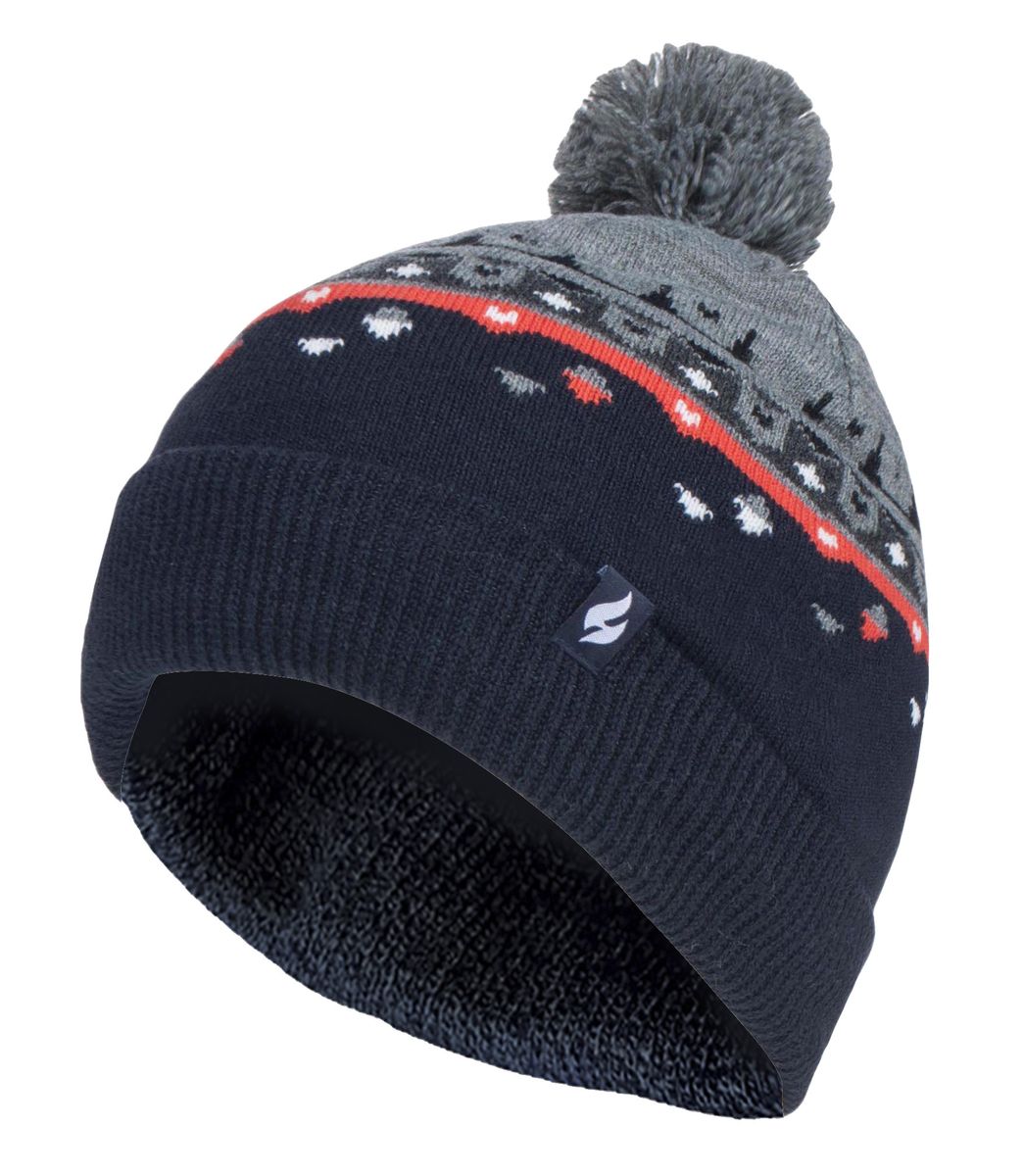 Heat Holders - Mens Thin Knit Fleece gefüttert Pom Pom Hut | Gemustert | Für Winter - Pebble Grey