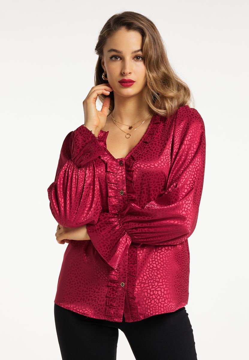 Satinbluse mit Rüschendetails und Animalprint