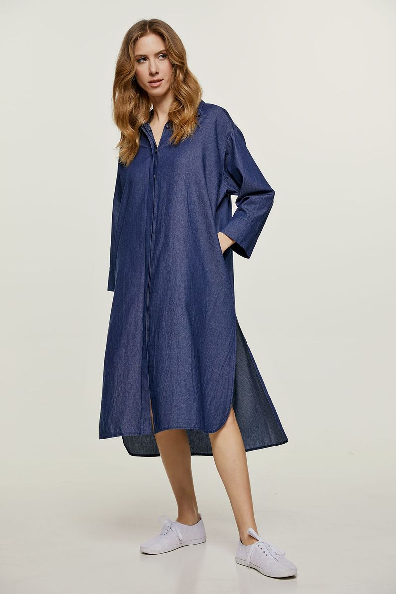 Indigoblaues Jeanshemd-Midikleid