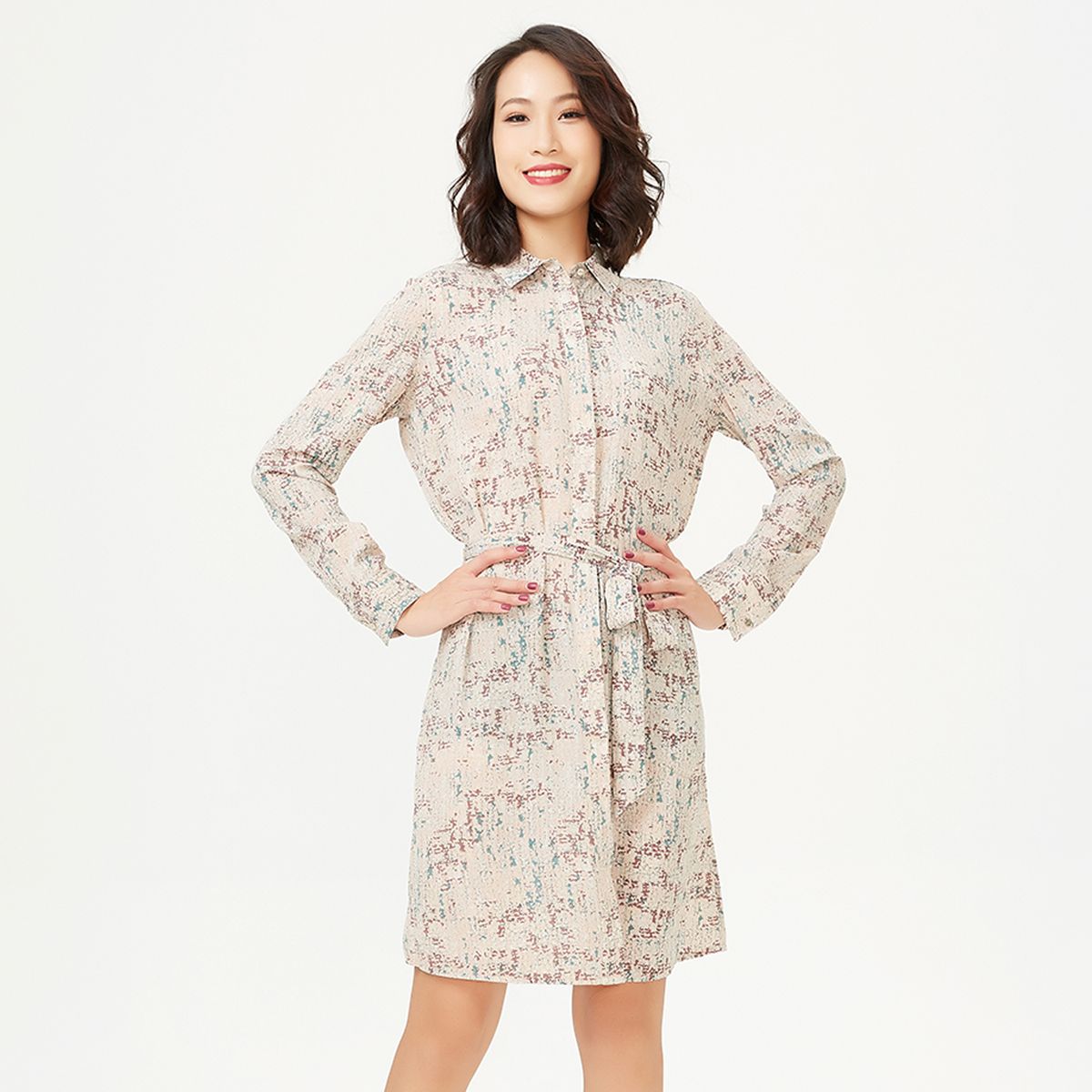 Bedrucktes Langarm-Hemdkleid mit Gürtel