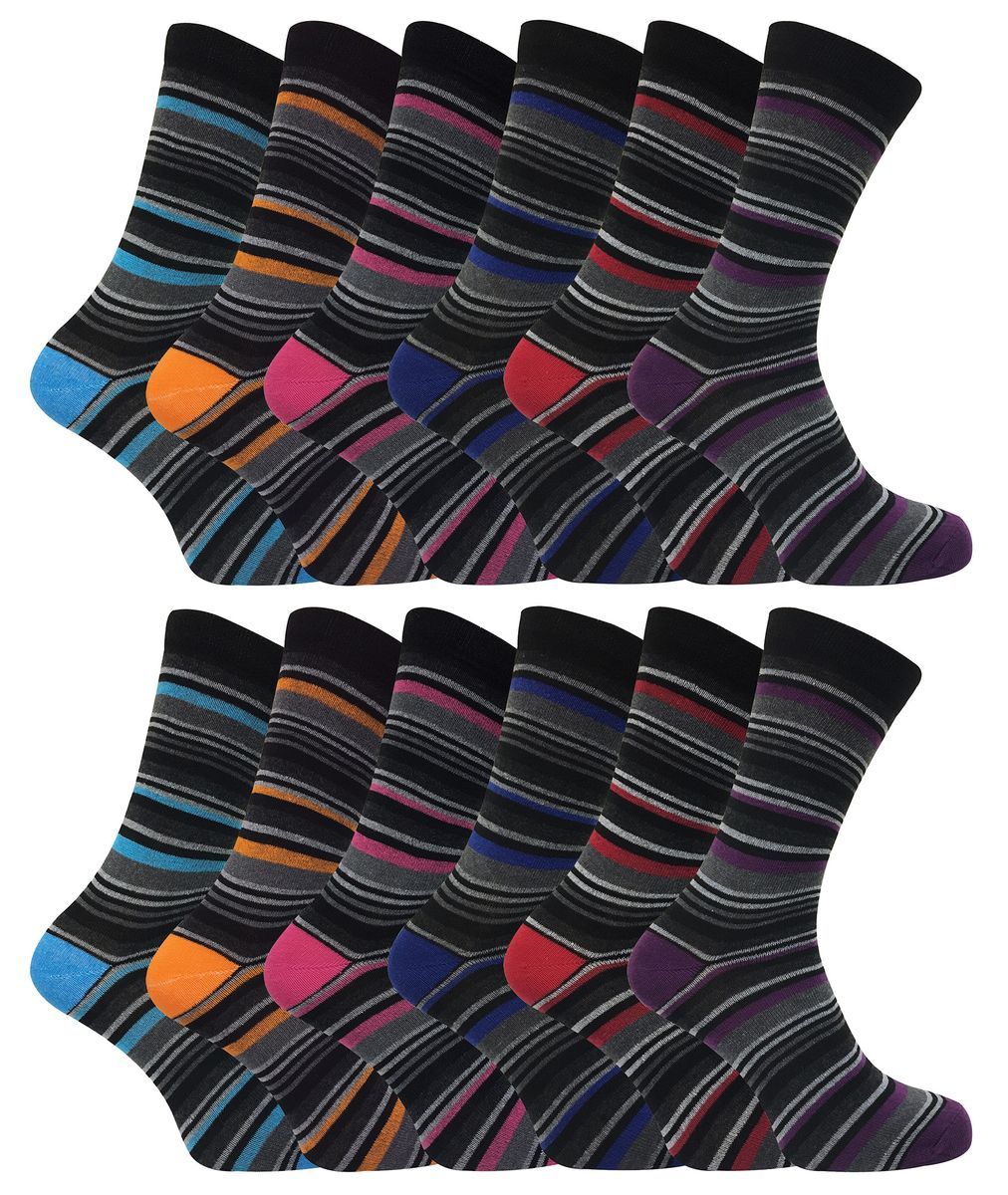 12 Paar gestreifte Herrensocken aus Baumwolle | SOCK SNOB | 12 Paar Multipack | Orange lila rosa blau & rot gestreifte Socken - sortiert