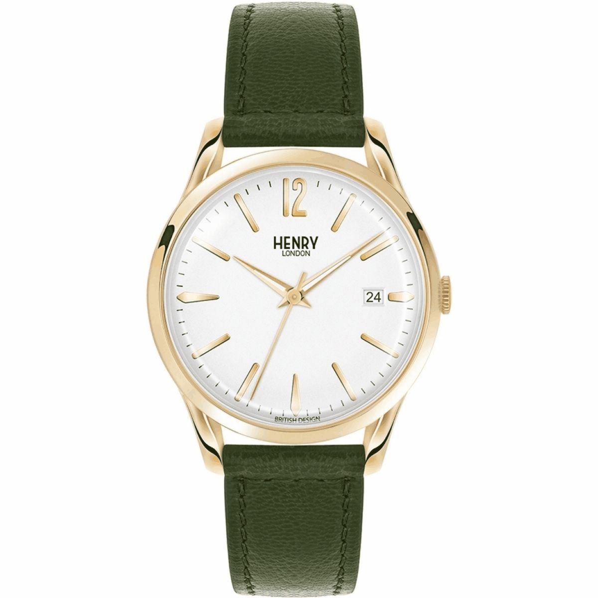 Goldfarbene Uhr mit grünem Lederarmband