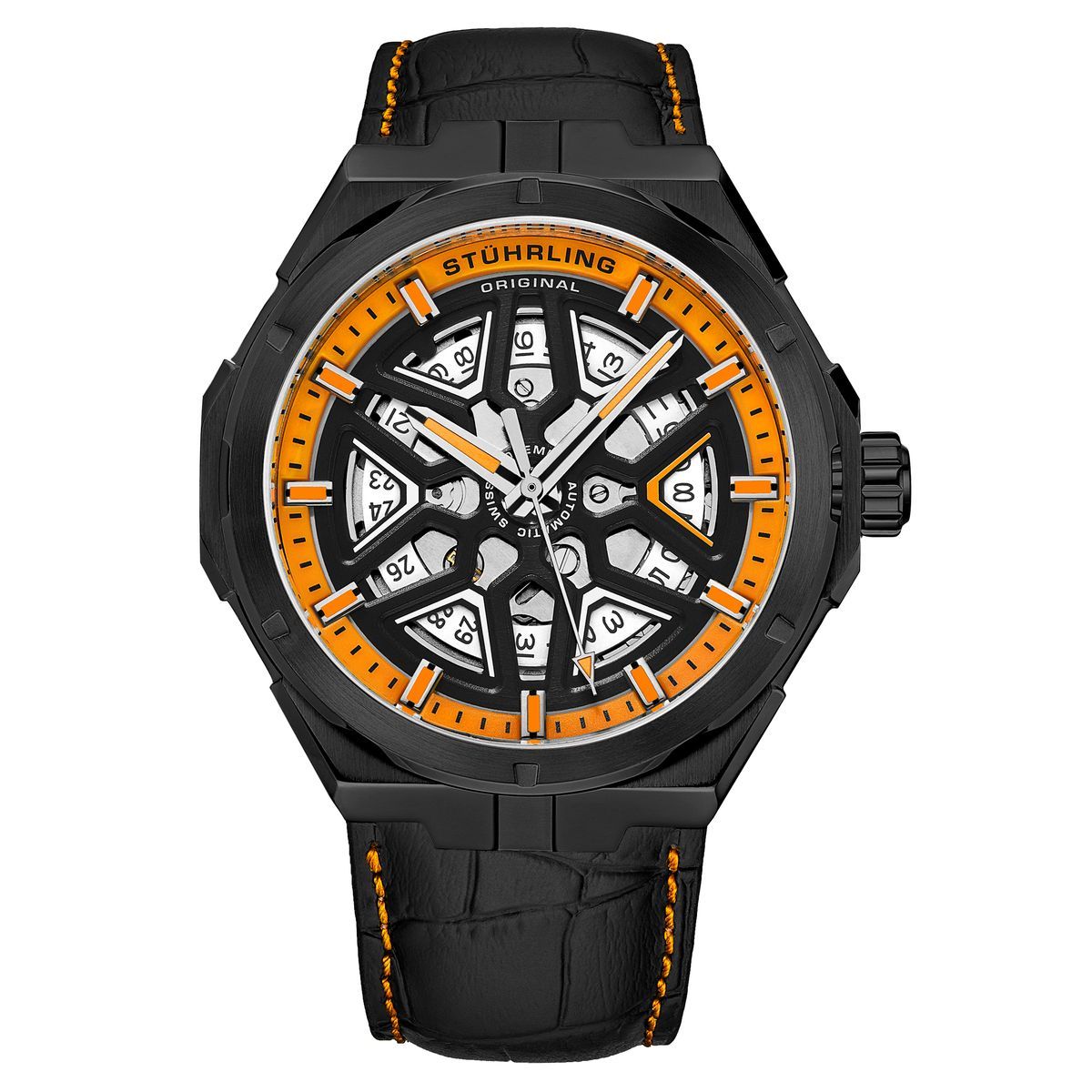 Schwarze und Orange Automatikuhr mit Skelett