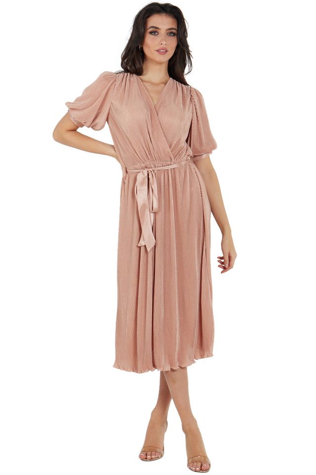 Plissee-Midi-Wickelkleid mit Gürtel