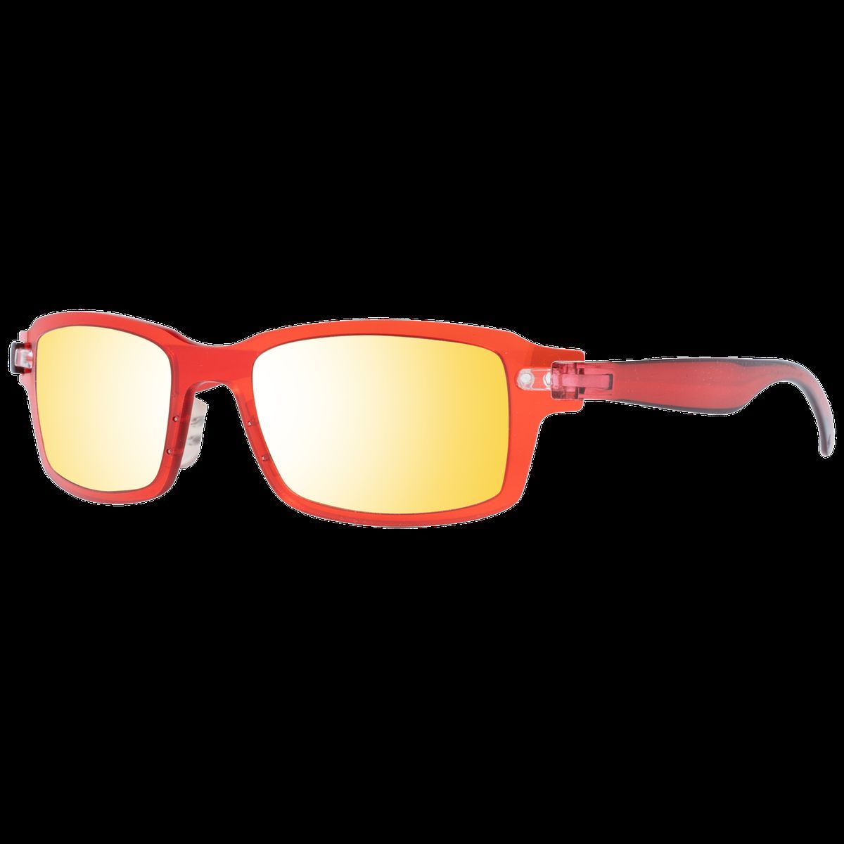 Rechteckige Sonnenbrille mit rotem Rahmen und gelben Gläsern