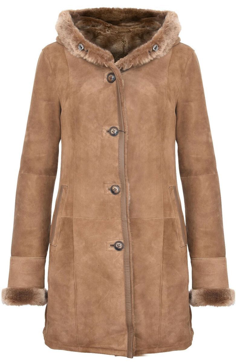 Wildleder Mantel mit Schaffellkapuze
