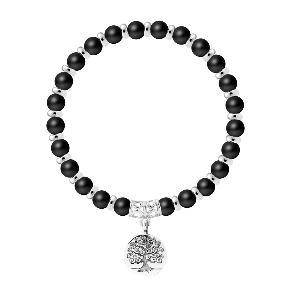 Schwarzes Onyx- und Silberbaum-Armband