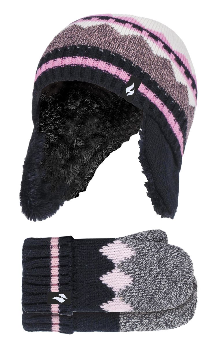 Wärmehalter - Girls Nordic Pattern Fairisle Design Trappermütze mit Pom Pom und Fäustlinge Handschuhe Set - Schwarz