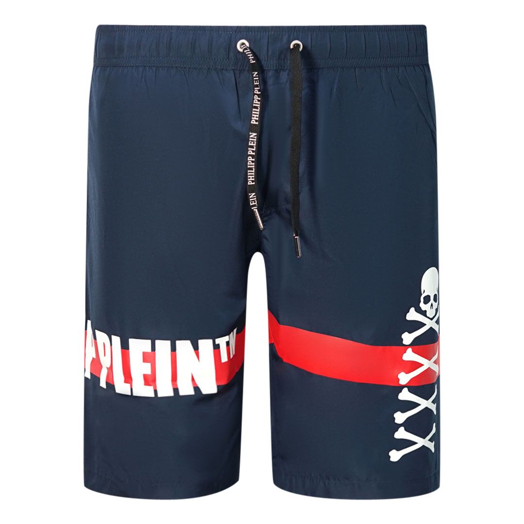 Marineblaue Badeshorts mit Totenkopf-Grafik