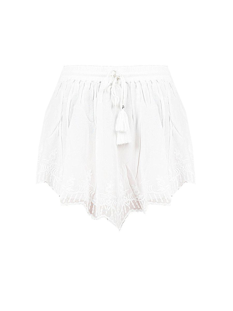 Weiße, bestickte Shorts mit Kordelzug