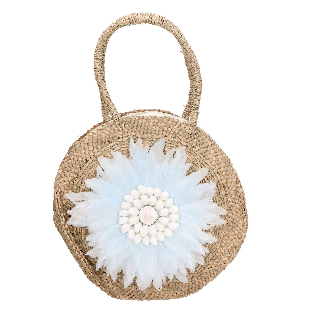 Runde Strohhandtasche mit Federblume