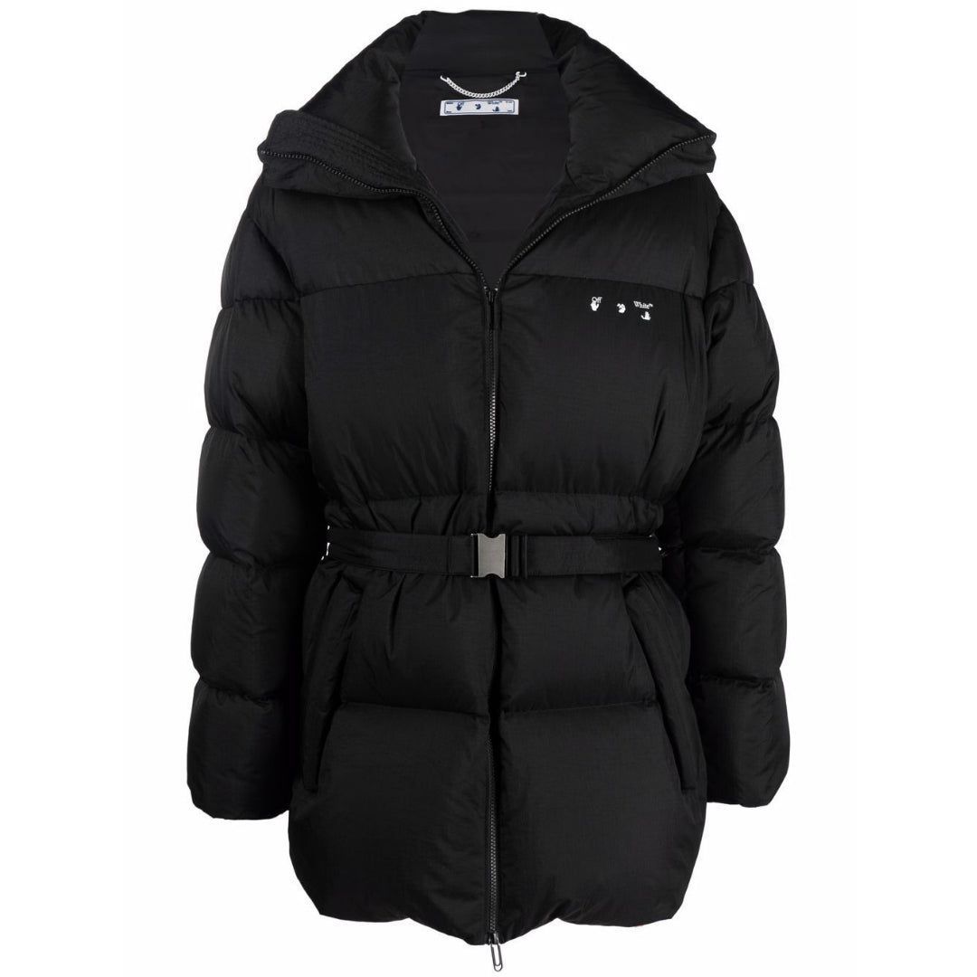 Schwarze Gürtel-Pufferjacke mit Kapuze