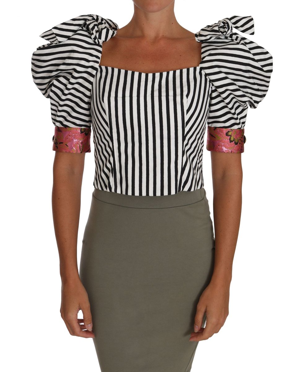 Dolce & Gabbana Women's White Black Striped Cropped Top Puff Sleeve Shirts