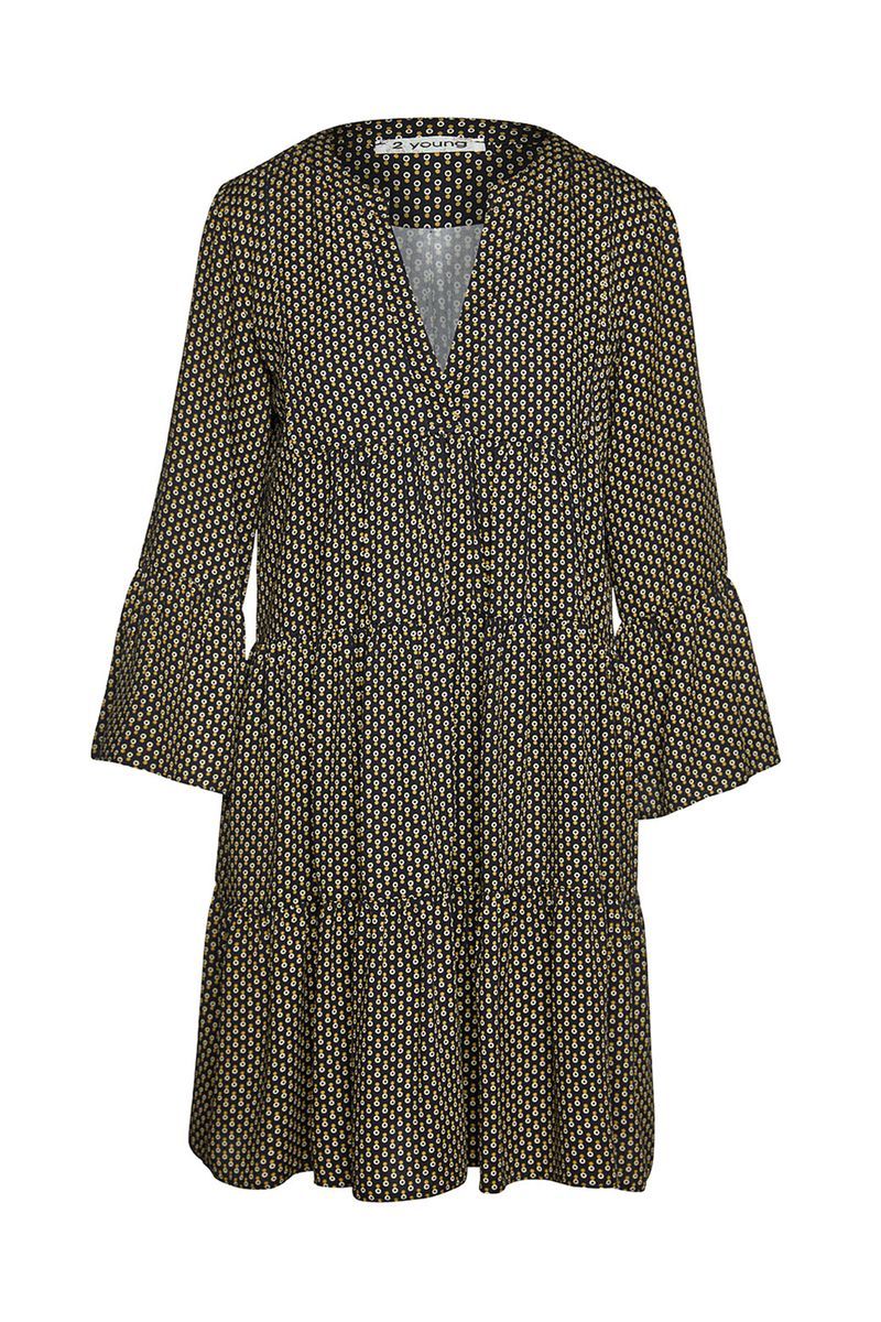 Bedrucktes, gestuftes Mini-Kleid mit V-Ausschnitt