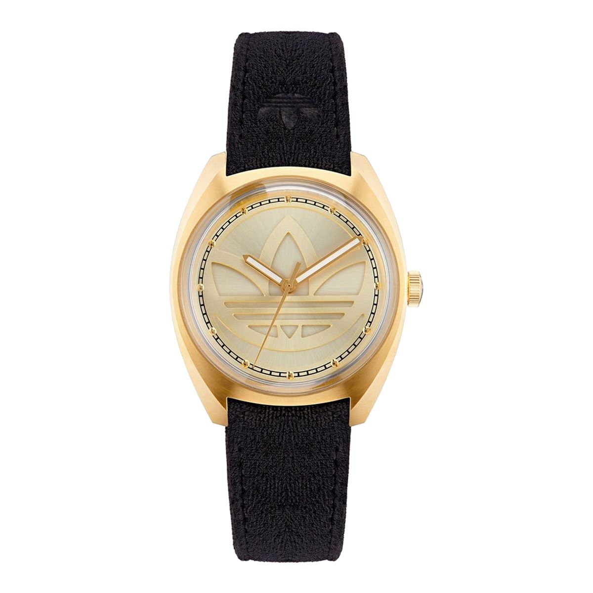 Goldfarbene Uhr mit schwarzem Armband