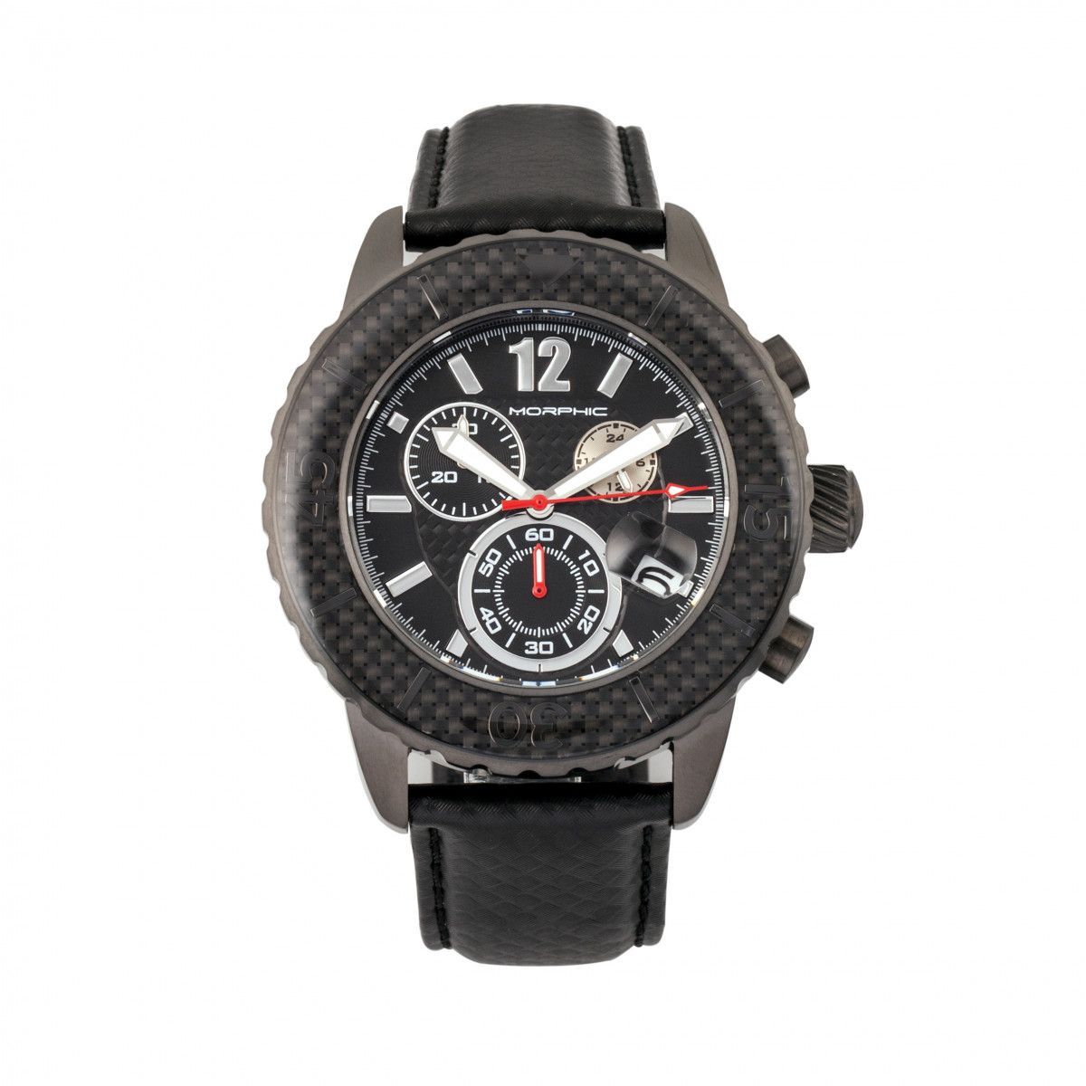 Schwarze Chronograph-Uhr mit Lederarmband