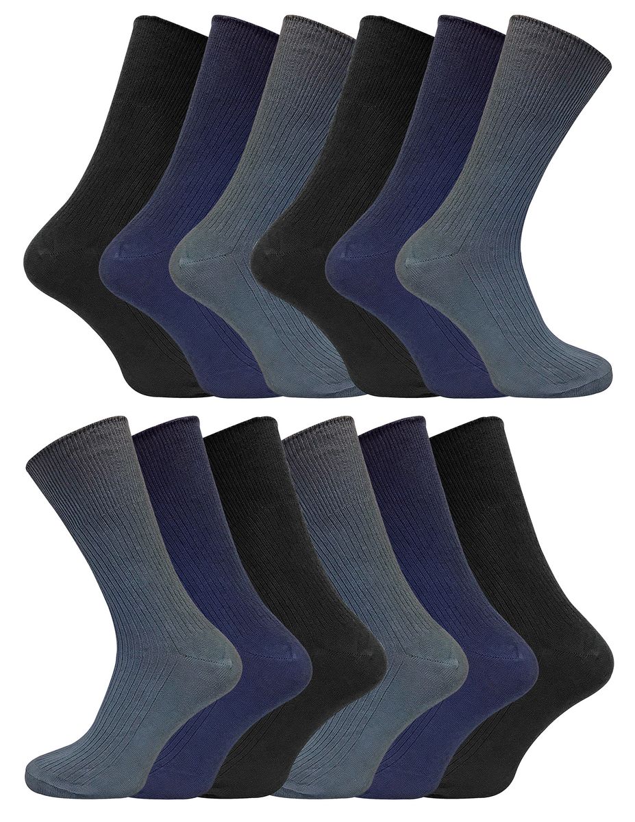 12 Paar Multipack Herren 100% Baumwolle Diabetiker freundliche Socken | Socken Snob | gerippt nicht elastisch lose breite Top Socken - TSFD02