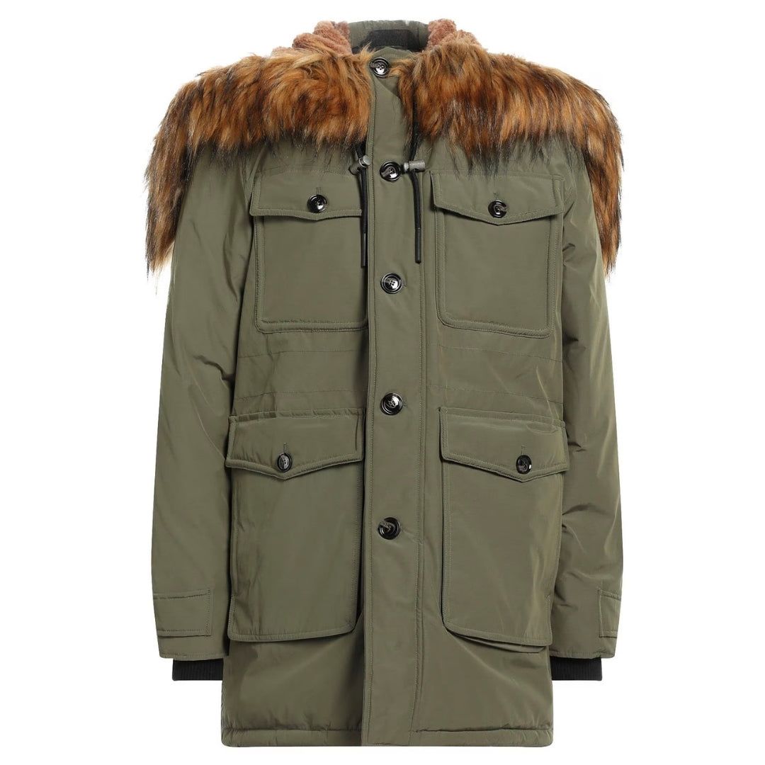 Olivgrüner Parka-Mantel mit Fellbesatz