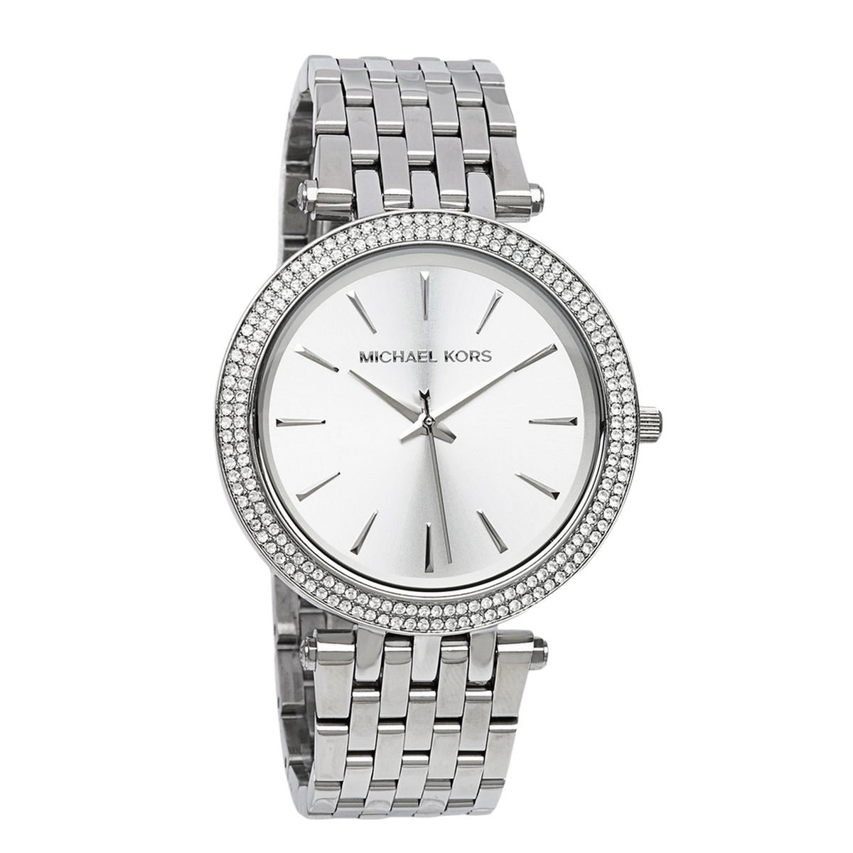Elegante silberfarbene Uhr mit Kristalllünette
