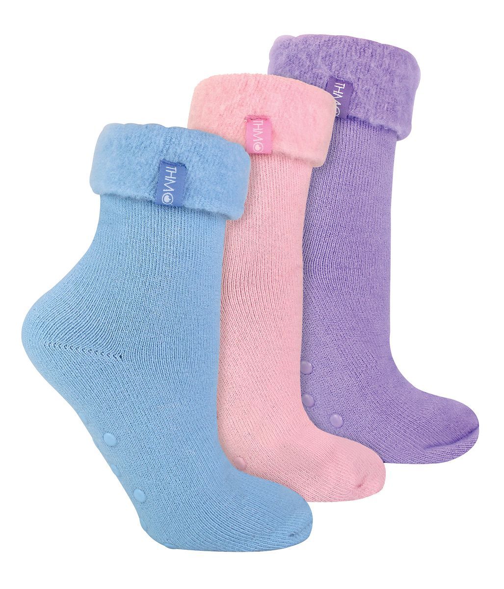 3er Pack Damen Bettsocken mit Grips | THMO | Rutschfeste Fleece Kuschelige Hausschuhsocken - Multicolour