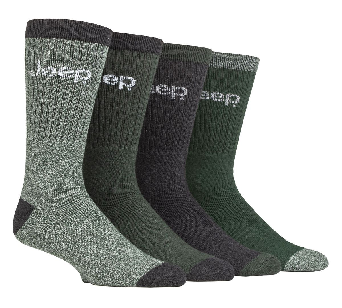Mens Recycled Cotton Socken | Jeep | 4 Pack dicken Strick voll gepolstert Boot Socken - Grün / Charcoal